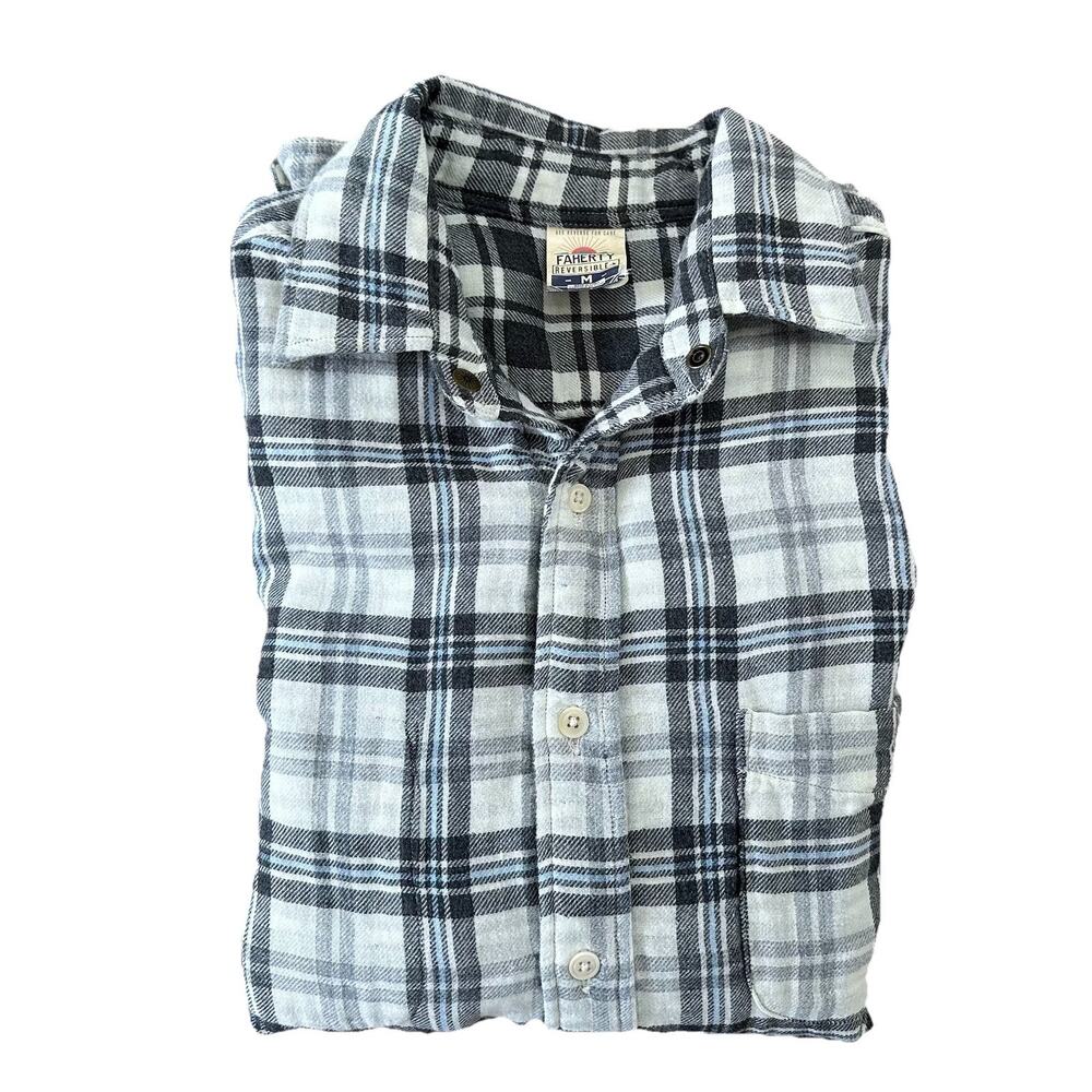 Faherty Shirt Mens Medium Grey‎ Blue Plaid Flannel Reversible Button Up